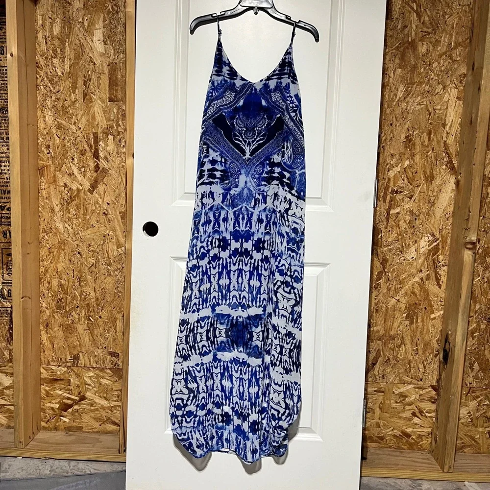 Express Blue White Paisley Geometric Maxi Dress V-Neck Spaghetti Strap Small